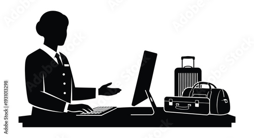 A black silhouette depicts a hotel receptionist assisting a guest with luggage and a computer at the desk silhouette high quality