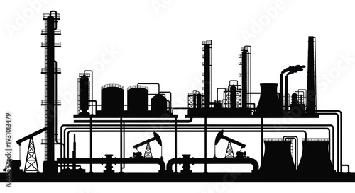 A stark black silhouette depicts an industrial complex with smokestacks pipes and oil rigs showcasing an urban landscape silhouette high quality