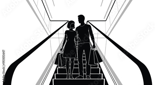 A couple ascends an escalator carrying shopping bags depicted in a stark graphic black and white silhouette high quality professional detailed