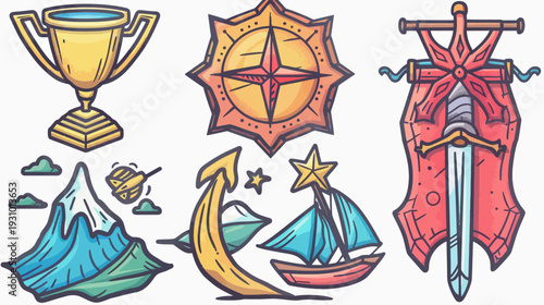 A collection of vibrant, cartoonish illustrations featuring a trophy, compass, sword, sailboat, mountain, and arrow