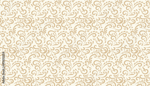 Elegant seamless floral pattern with gold leaf ornaments on a beige background. Luxury vintage damask texture for wedding invitations, greeting cards, and premium product packaging design.