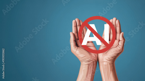 Hands holding no AI symbol, protest against artificial intelligence technology concept 

