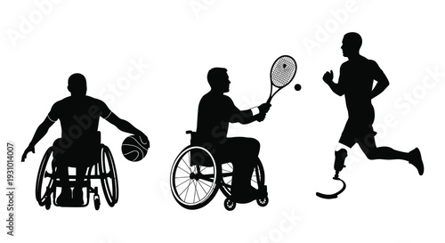 A dynamic depiction of para athletes engaged in tennis and basketball showcasing resilience and athleticism a striking silhouette high quality professional
