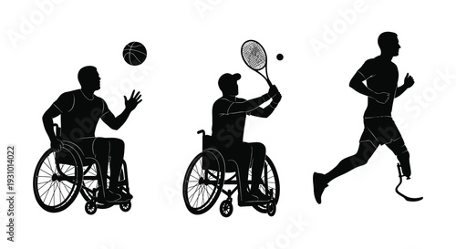 Athletes engaging in various sports including wheelchair basketball and running with a prosthetic depicted in silhouette high quality professional detailed modern