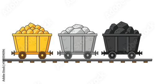 Three mine carts display gold silver and coal positioned on railway tracks a stark visual contrast silhouette high quality professional detailed