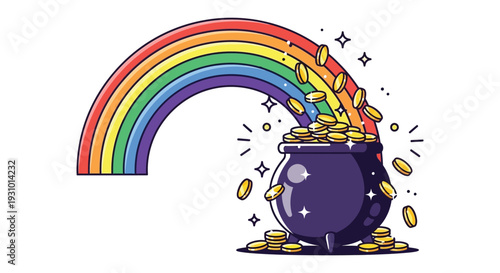 A vibrant rainbow arches over a pot of gold coins creating a whimsical scene with a dark silhouette high quality professional