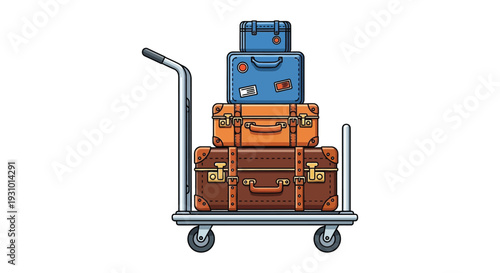 A colorful illustration depicts stacked vintage suitcases on a luggage cart conveying travel and nostalgia silhouette high quality professional detailed