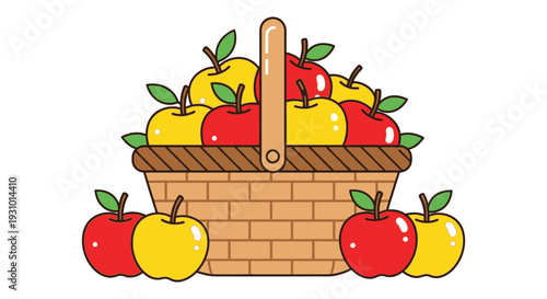 A colorful illustration depicts a woven basket overflowing with ripe red and yellow apples a charming silhouette high quality professional detailed