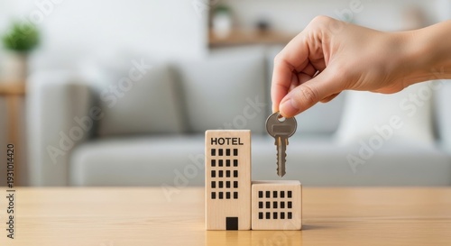 Hand holding key above miniature wooden hotel building blocks