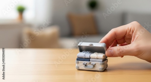 Hand packing miniature suitcase with small folded clothes