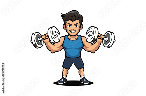 Cartoon man lifting dumbbells in a fitness setting