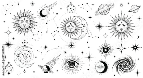 Black and white of celestial bodies and stars moon planets constellations