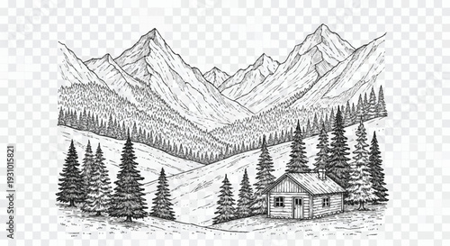 Black and white of a cabin in front of mountains and trees landscape
