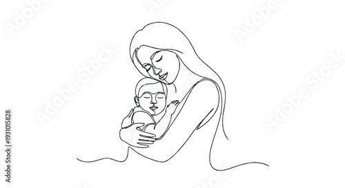 Mother holding baby in one line one line continuous line black and white minimalist