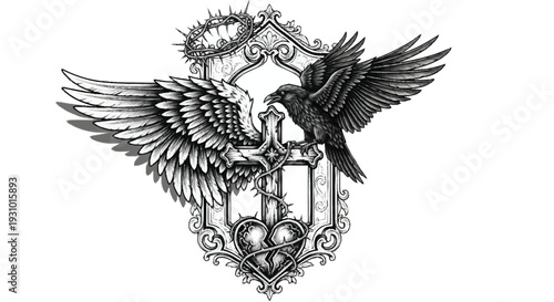 Black and white of a bird on a cross with wings spread and a crown of thorns raven