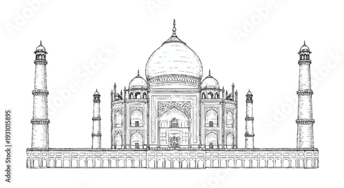 Black and white of the Taj Mahal with domes and minarets line architectural monument