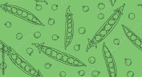 Simple seamless pattern featuring line art illustrations of green pea pods and individual round peas on a solid vibrant green background.