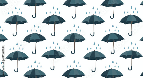 Melancholic yet cozy seamless pattern featuring rows of dark blue open umbrellas with light blue raindrops falling against a clean white background.