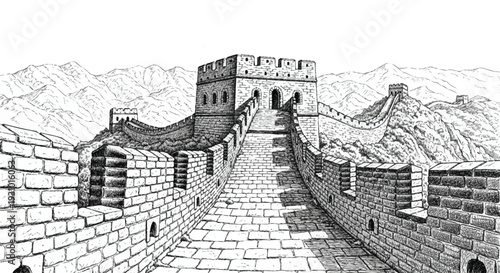 Wall of China watchtower and fortifications stone wall brick wall mountains