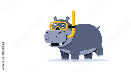 Cute cartoon illustration of a smiling grey hippopotamus wearing a yellow diving mask and snorkel ready for a fun swimming or diving adventure.