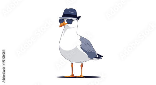 Cool cartoon seagull character standing confidently while wearing a stylish blue fedora hat and dark sunglasses on a plain white background.