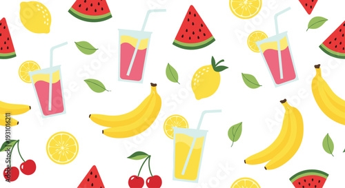 Vibrant summer seamless pattern featuring watermelon slices, bananas, lemons, cherries, juice glasses with straws, and green leaves on white.
