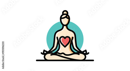 Peaceful wellness icon depicting a stylized person in a meditation or yoga lotus pose with a red heart symbol over the chest area for health.