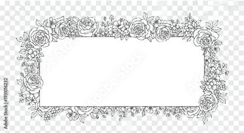 Black and white floral border with roses and leaves around empty rectangle flower frame