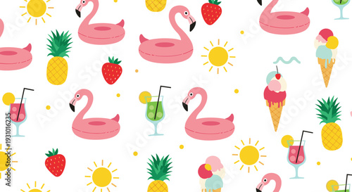 Playful summer seamless pattern with pink flamingo floats, pineapples, ice cream cones, suns, cocktails, and strawberries on a white background.