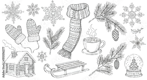 Winter clothing and accessories snowflakes pine branches mittens scarf