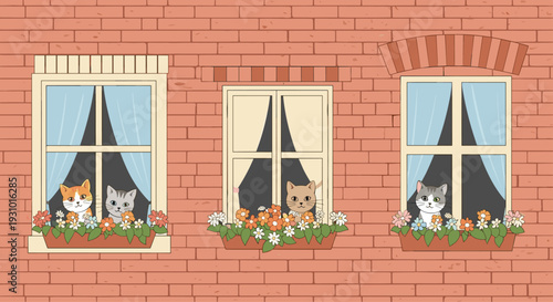 Charming urban scene with three different cats looking out of decorated windows set in a red brick wall with flower boxes and curtains.