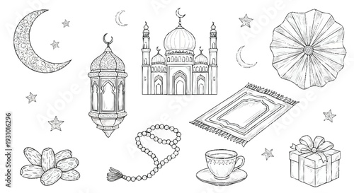 Ramadan symbols and including mosque lantern dates prayer mat crescent moon stars