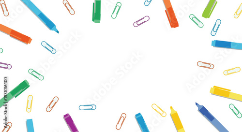 Creative frame design featuring a variety of colorful pens, markers, and paper clips scattered around a central white copy space on a white background.