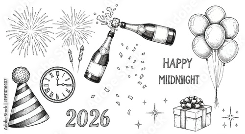 New Year's Eve celebration with champagne, balloons, and fireworks midnight