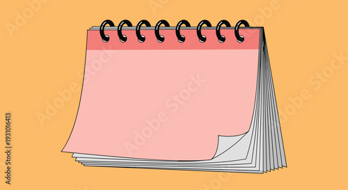 Pink spiral bound desktop calendar with blank pages standing against a vibrant solid orange background for planning.