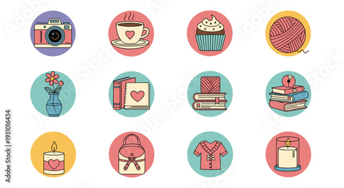 Collection of circular hobby icons depicting a camera, coffee cup, cupcake, yarn, flowers, books, candles, and clothing.
