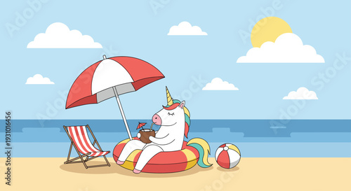 Whimsical unicorn relaxing on a beach float under a sun umbrella while drinking coconut water on a sunny summer day.