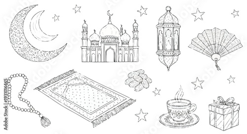 Ramadan islamic with mosque prayer mat lantern