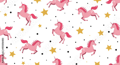 Enchanting seamless pattern featuring pink unicorns galloping among golden stars and black dots on a white background.