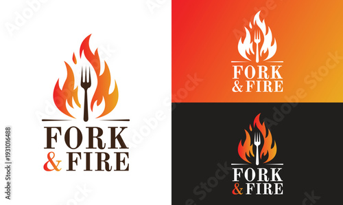 Fork and Fire Restaurant or Cafe Vector Logo Design Cooking, Cuisine Fire Flame Flat Illustration