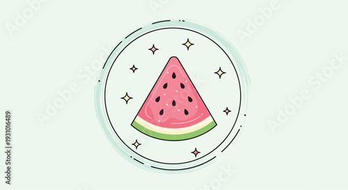 Stylized illustration of a juicy watermelon slice centered within a decorative circle surrounded by tiny stars.