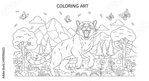 Detailed black and white coloring book illustration showing a cougar walking through a forest with mountains and butterflies.