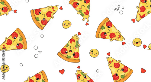 Fun seamless pattern of pepperoni pizza slices with cute faces and heart decorations on a clean white background.