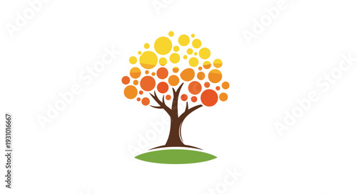 Modern tree logo design with a canopy made of colorful circles in autumn shades of yellow, orange, and gold colors.