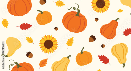 Harvest themed seamless pattern featuring pumpkins, squashes, sunflowers, acorns, and fall leaves on a cream background.