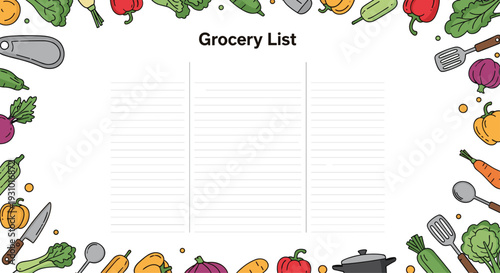 Blank grocery list template with columns for organization and a colorful border of hand drawn fresh vegetables.