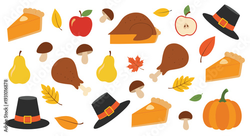 Collection of Thanksgiving themed icons including pumpkin pie, roast turkey, fruits, autumn leaves, and pilgrim hats.