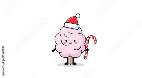Adorable pink cotton candy character wearing a red Santa hat and holding a striped candy cane for Christmas treat.