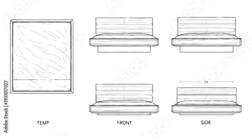 Technical of a bed with four views and a mirror technical bed furniture architecture
