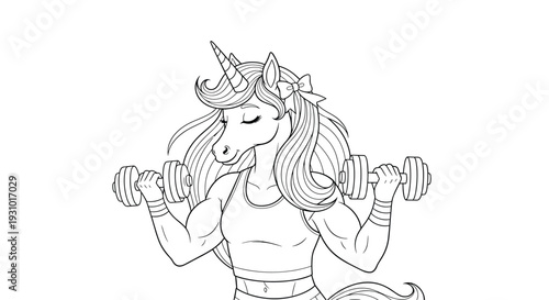 Muscular unicorn lifting heavy dumbbells coloring page for kids with magical creature exercising in gym and showing strong muscles.